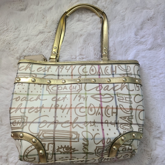 Coach Gold Tattersall Graffiti Tote - Picture 2 of 5